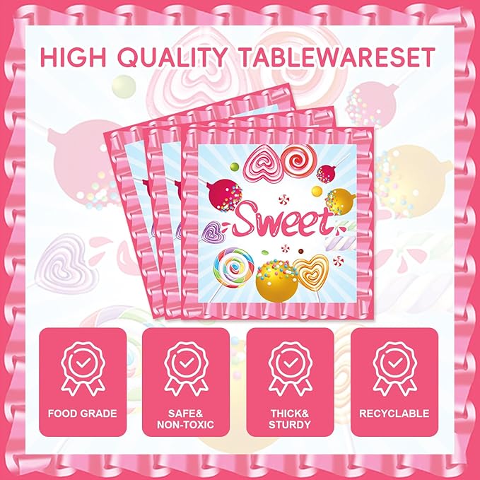 48Pcs Candyland Party Decorations Candy Land Party Decorations Include Pink Birthday Baby Shower Forks, Plates and Napkins Supplies
