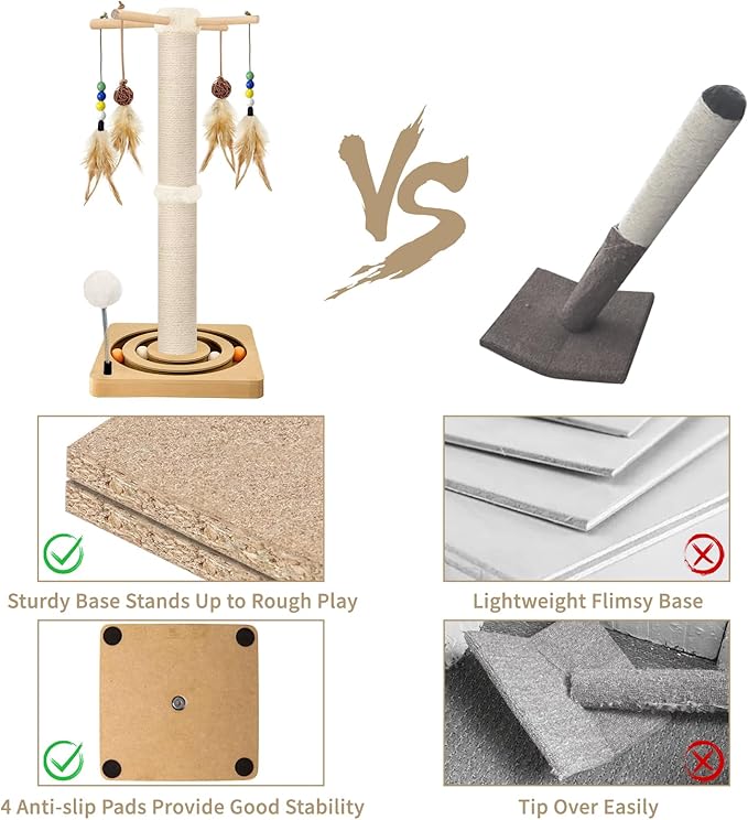 Cat Scratching Post, Sisal Scratching Posts for Indoor Cats Adults, 2 Mounting Methods Cat Scratcher with Hanging Ball and Interactive Toys for Kitten Cats, 25 inches