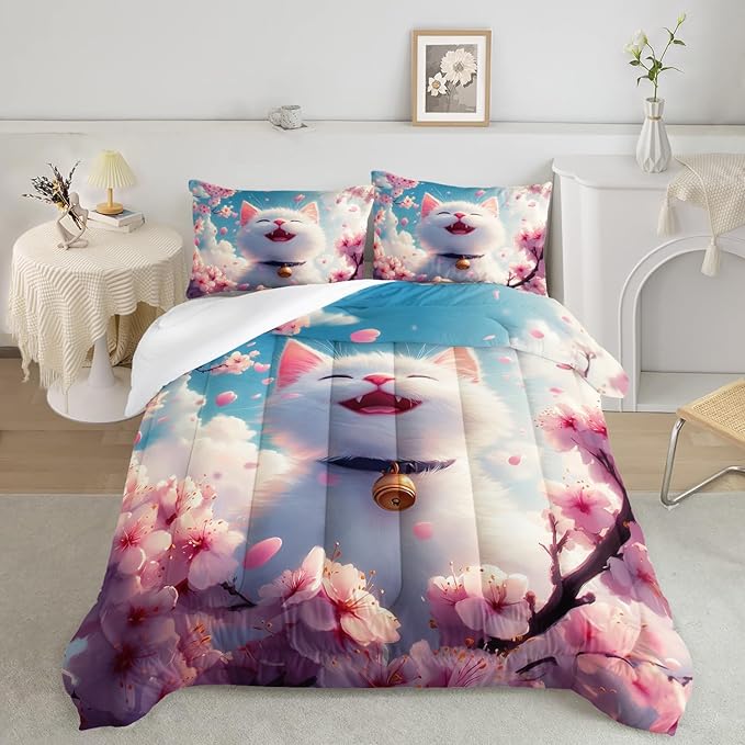 AILONEN Kids Kawaii Cat Bedding Set Twin Size,Girls Pink Flower Kitten Cat Comforter Set,Cute Pet Animal Printed Comforter with 2 Pillowcasess,3 Pieces