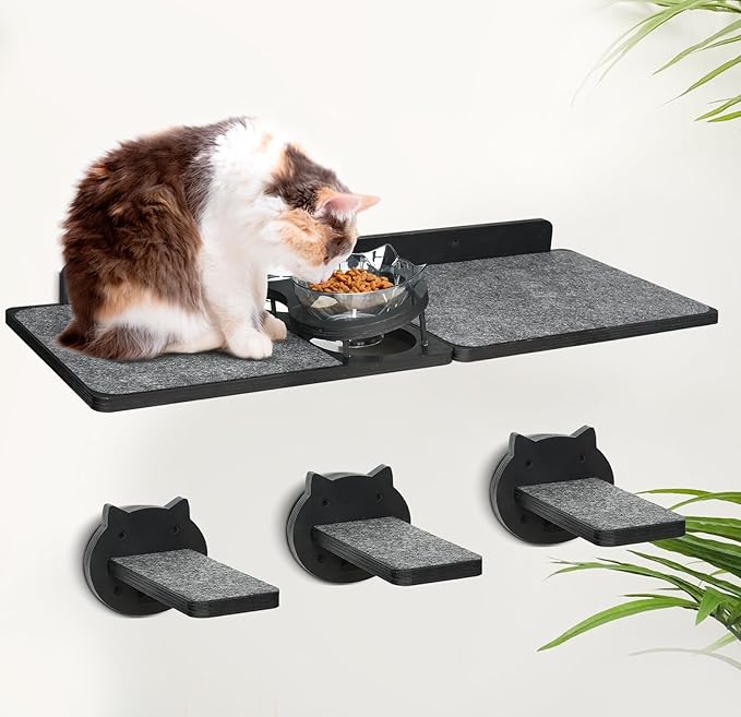 Cat Wall Shelves, Wood Cat Shelves for Wall with Cat Feeding Station, Cat Wall Furniture with 3 Cat Wall Steps, Cat Shelves and Perches, Wall Mounted Cat Climbing Shelf, Cat Lover Gift, 3 Board