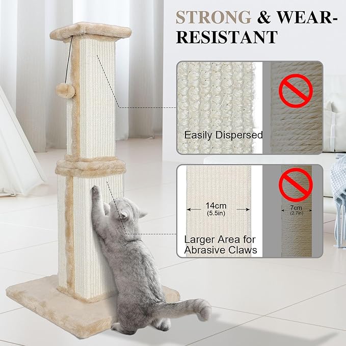 Topmart 31" Tall Cat Scratching Post for Indoor Cats Kittens, Sisal Scratching Post with Hanging Ball, Beige