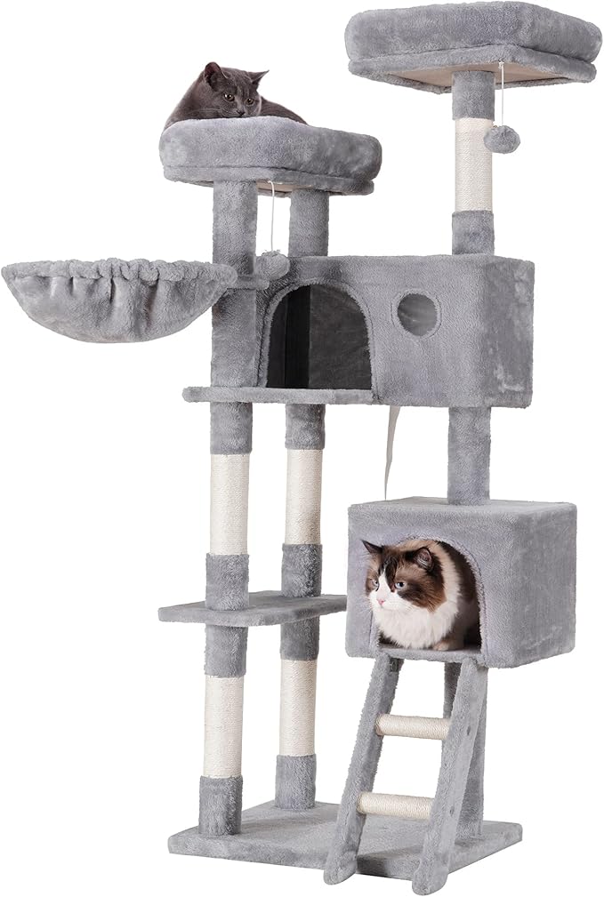Heybly Cat Tree, Cat Tower for Indoor Cats,Multi-Level Cat Furniture Condo for Large Cats with 2 Padded Plush Perch, Cozy Basket and Scratching Posts HCT023W