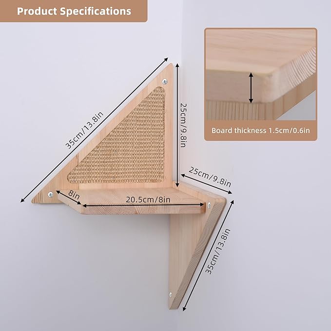 Cat Wall Shelves for The Corner, Wall Mounted Cat Shelves and Perches, Solid Wood Floating Cat Wall Steps Cat Wall Hammock Cat Wall Furniture for Sleeping, Playing, Climbing