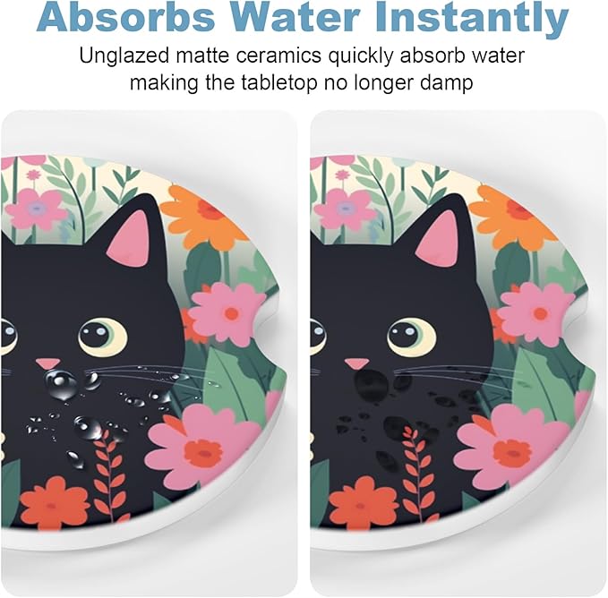 2 Pack Car Cup Holder Coaster, 2.63 inch Anti Slip Insert Absorbent Ceramic Car Coaster with Cork Base and Finger Notch, Cute Car Accessories Interior for Women, Cute Car Coasters., CH0025