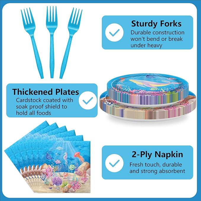 96PCS Under the Sea Party Decorations Ocean Sea Birthday Tableware Underwater World Paper Plates Ocean Animal Plates Napkins Dinnerware for Baby Shower Party Supplies, Serves 24