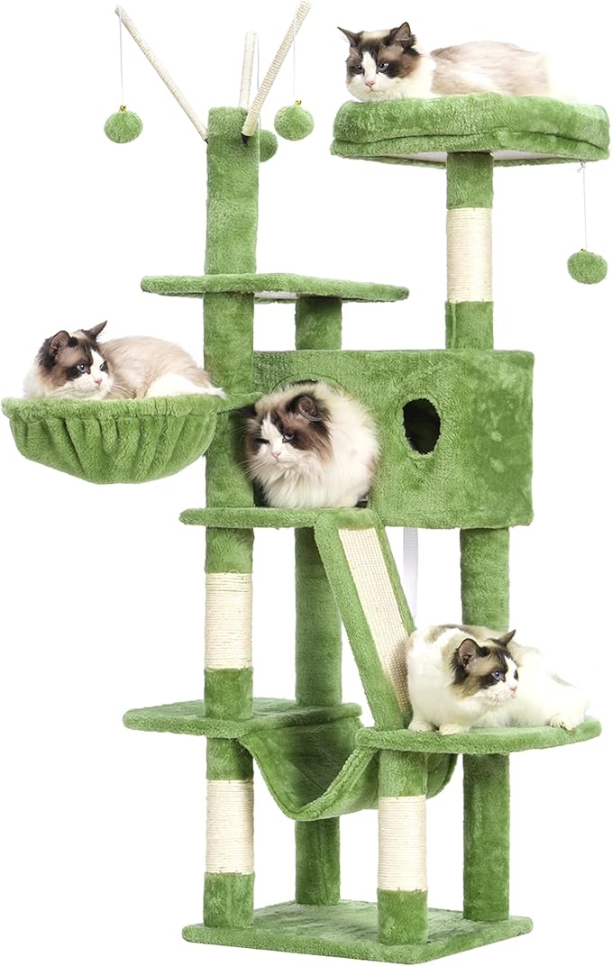 Hey-brother Cat Tree, 53 inch Cat Tower for Indoor Cats, Cat House with Padded Platform Bed, Toy Balls, Large Cozy Condo, Hammocks and Sisal Scratching Posts, Green MPJ019-SGR