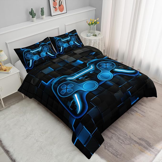 Axolotl Gamepad Comforter Set Twin Size,Blue Grid Print Bedding Set,Boys Gaming Console Comforter Set,Modern Gaming controller Geometry Bedding Set for Adult Teens Men,1 Quilt 2 Pillowcases,Blue Black