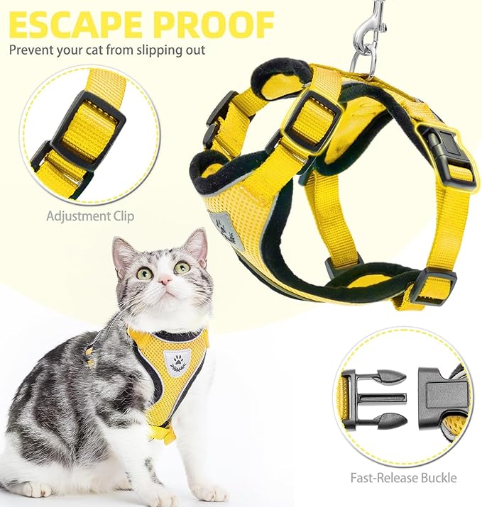 PUPTECK Cat Harness and Leash Set Escape Proof Reflective Cat Walking Harness Adjustable Soft Breathable Mesh Vest for Small Pets, Yellow, M