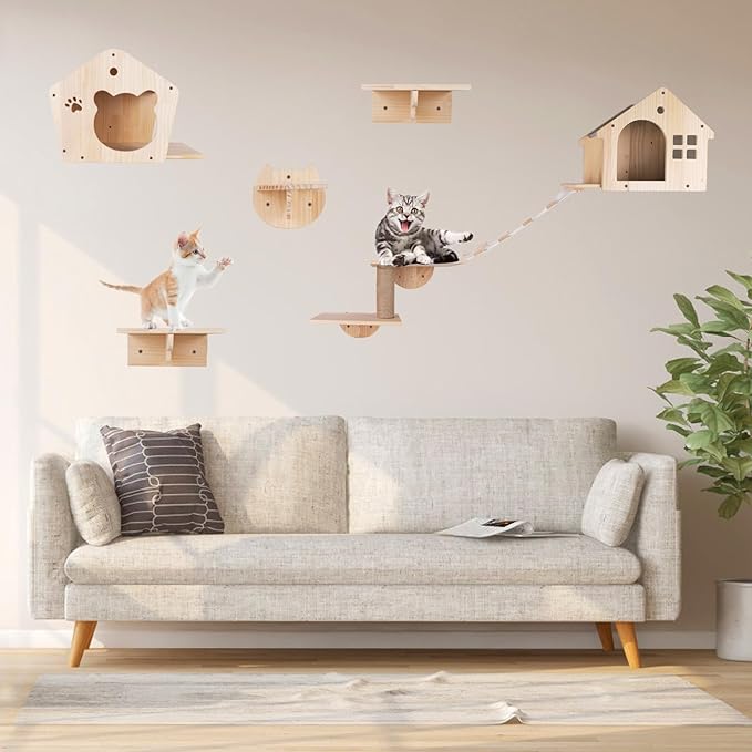 Cat Wall Furniture Cat Wall Shelves, Large Cat Climbing Shelves Set of 7 Wall Mounted Cat Furniture, with Cat Apartment, Cat Scratching Post, Perches Platform, for Cat Climbing & Resting