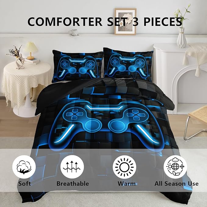 Axolotl Gamepad Comforter Set Queen Size,Blue Grid Print Bedding Set,Boy Gaming Console Comforter Set,Modern Gaming controller Geometry Bedding Set for Adult Teens Men,1 Quilt 2 Pillowcases,Blue Black