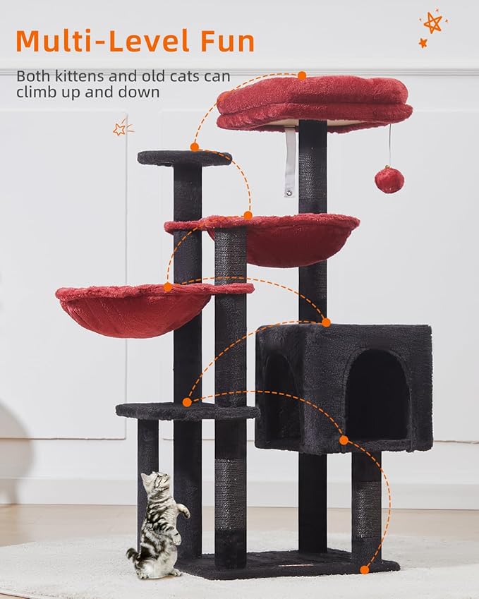 Taoqimiao Gothic Cat Tree, 39.4-Inch Cat Tower for Indoor Cats,Suitable for Kittens,Plush Cat Condo with 5 Scratching Posts, Plush Perch,2 Hammock,Pompoms, MS019BR Black and Red