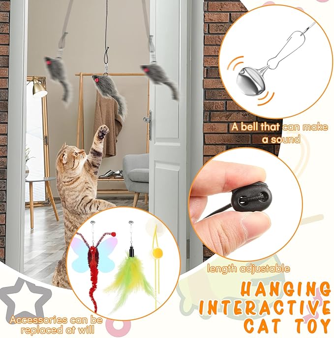 8 Pcs Doorway Cat Toys Indoor Feather Cat Toys Door Hanger Cat Toys Interactive Hanging Cat Toys Dragonfly Little Mouse Toys Retractable Cat Teaser Toys Kitten Toys for Play, 6 Styles (Cute Style)