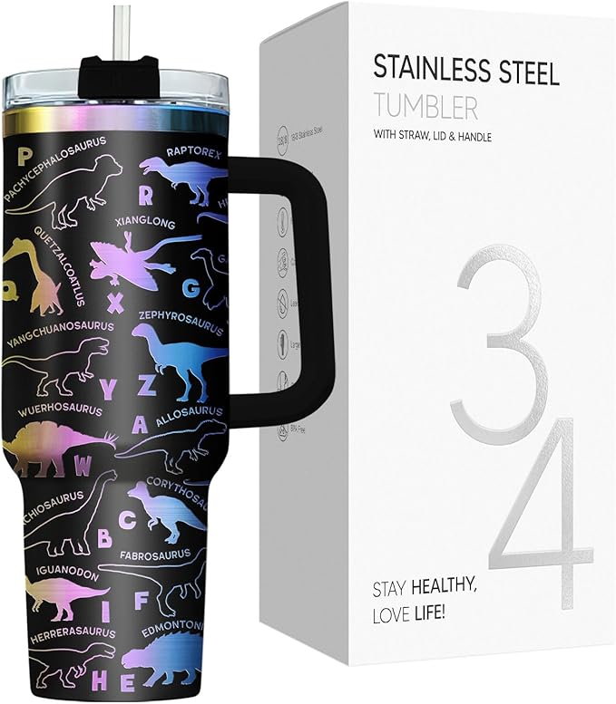 34HD 40oz Glitter Dinosaur Tumbler with Handle and Straw, 40oz Vacuum Insulated Dinosaur Alphabet Coffee Mug, Animal Lover Gifts for Kids Boys Girls Women Mothers Day