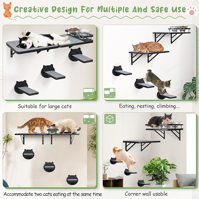 Cat Wall Shelves Set of 2, Cat Shelves and Perches for Wall, Cat Shelves Wall Mount for Large Cat, Cat Wall Furniture with 3 Cat Wall Steps, Cat Climbing Shelf, Cat Wall Shelf with 2 Cat Food Shelf