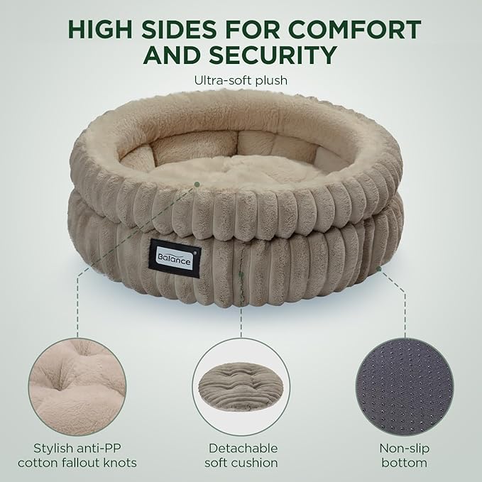 BALANCE Cat Bed Kitten Bed, Washable Round Cat Beds for Indoor Cats,Super Soft Plush Faux Fur Pet Bed for Puppy and Kitten with Anti-Slip Bottom