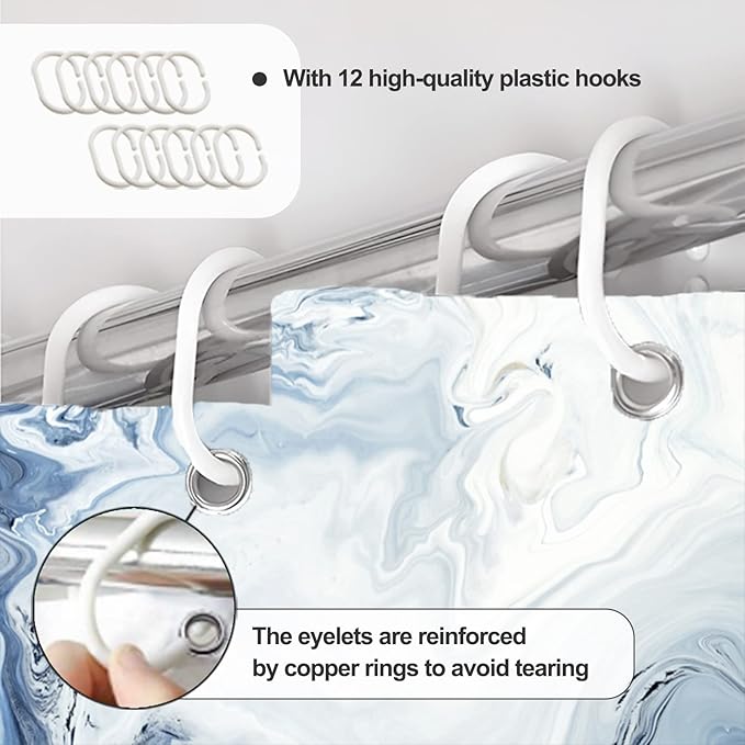 AWERT Blue Marble Shower Curtain Waterproof Shower Curtain for Bathroom Decor Printed Washable with Hooks 72x78 Inch