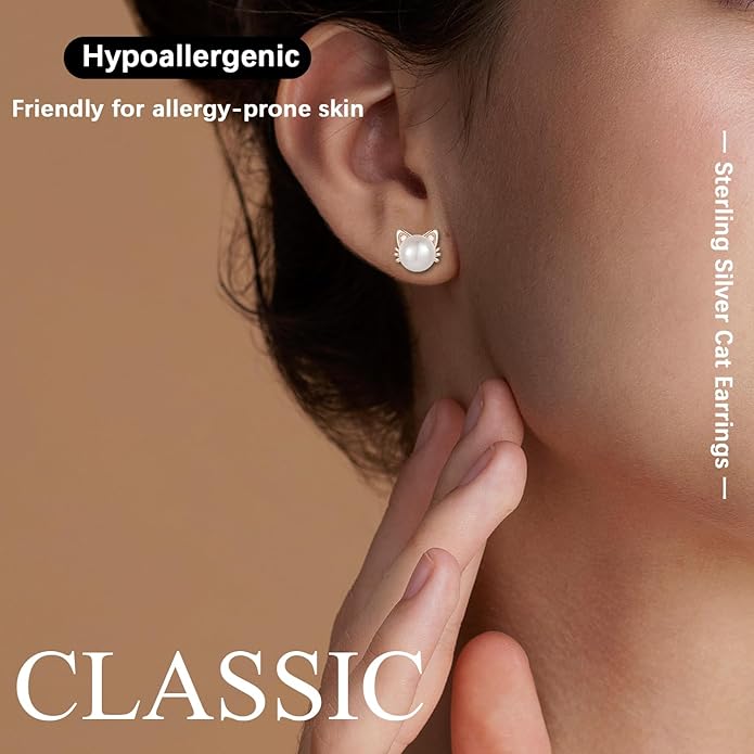 925 Sterling Silver Freshwater Pearl Cat Stud Earrings for Women, Cat CZ Studs Hypoallergenic Jewelry Gift