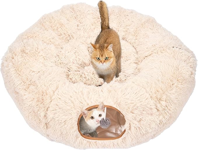Avont Cat Tunnel Bed with Central Washable Cushion - Large Cat Tunnel Tube Toys 3 Shape to Play for Indoor Cats Kittens Puppies Ferret, Round Plush Fluffy Cat Bed with Tunnels -Beige