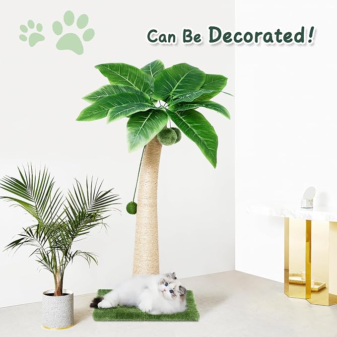 37 Inches Cat Scratching Post, Large Cat Scratching Post, Sisal Scratcher with 3 Hanging Pompoms for Indoor Cats (Short Square Base)