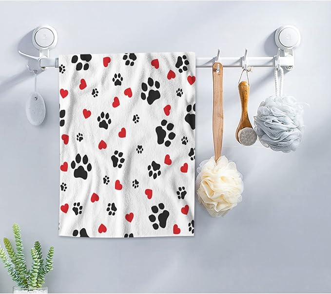 AOYEGO Cute Colorful Paw Print Bath Towels Lovely Puppy Animal Dog Cat Footprint Red Hearts Kitchen Hand Towels Bathroom Decor Soft Beach Microfiber Hair Towels 15x30 Inch