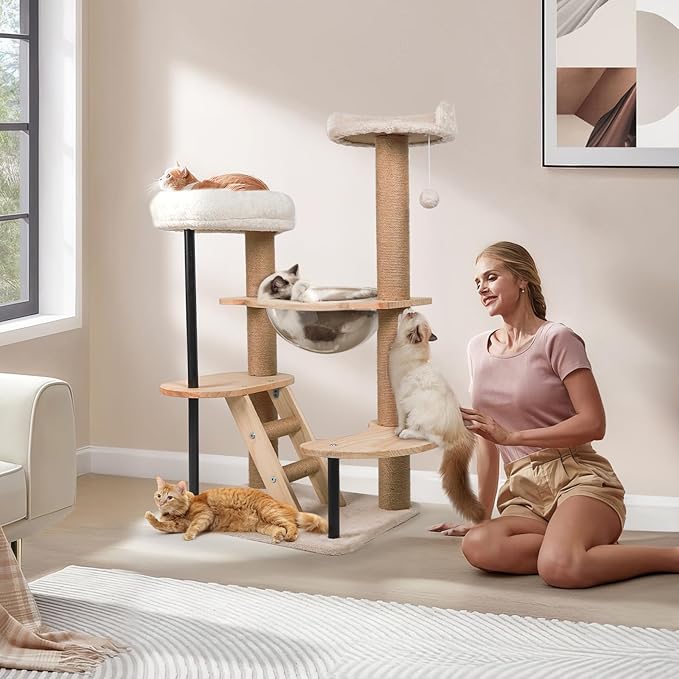 Cat Tree Tower Wood - 40inch Multi-Level Modern Cat Tower with Plush Perch, Cat Box with Large Space Capsule, Platforms, Sisal Scratching Posts, Removable Cushions for Small Cats (Natural)