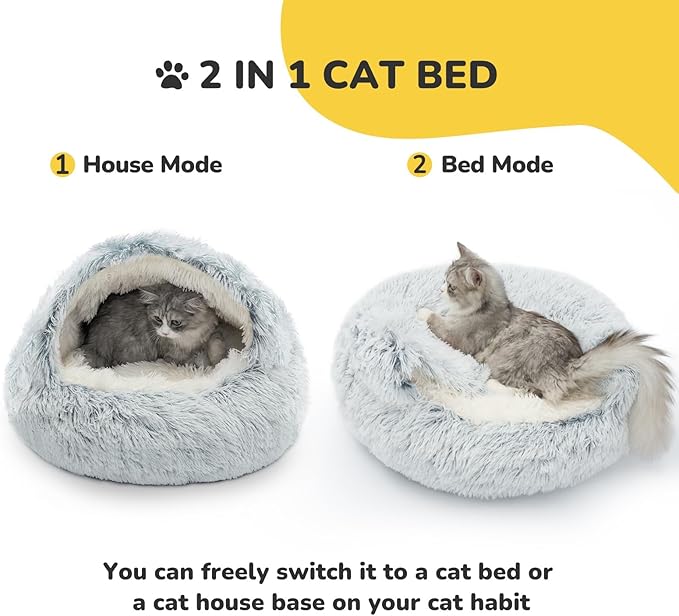 CATISM Cat Bed, Plush Hooded Cat Beds for Indoor Cats, Calming Cat Nest, Self Warming Cat Bed Cave, Cozy Cat Pod for Indoor Cat or Small Dog, Removable Washable Cat Cove with Non-Slip Bottom
