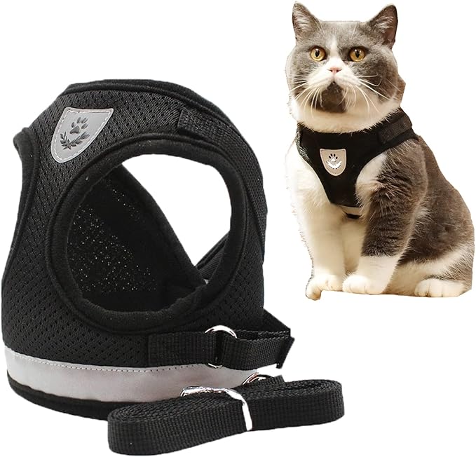 Comfort Step-in Cat Dog Harness and Leash Set for Puppies Cats Kitty Escape Proof Pet Vest Harnesses for Small Animals Rabbit/Mouse/Cats (S:1.5-3KG, Black)