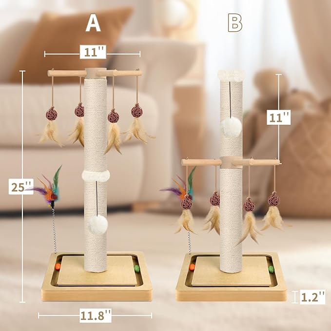 Cat Scratching Post, Sisal Scratching Posts for Indoor Cats Adults with Hanging Ball and Interactive Toys, 2 Mounting Methods Cat Scratcher for Kitten Cats, 25 inches