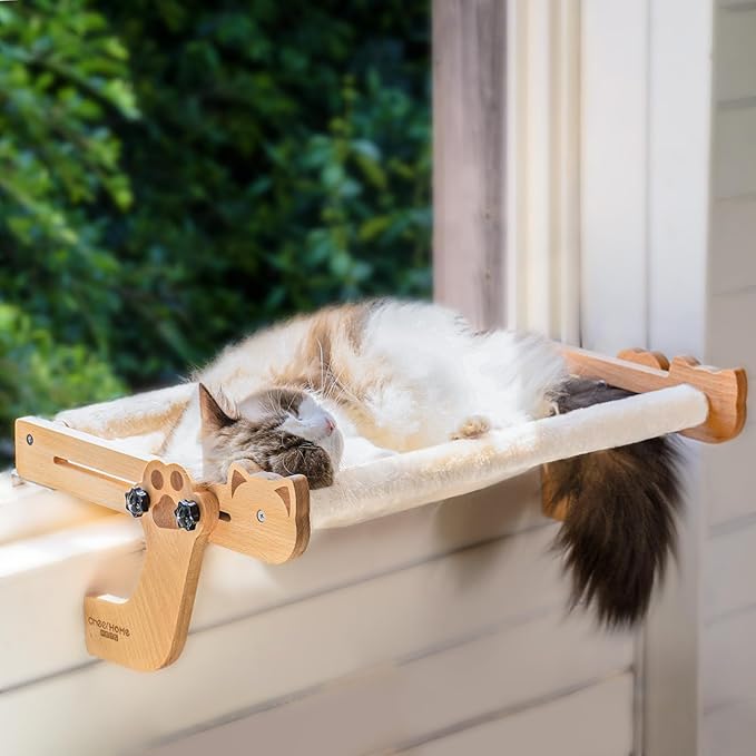 Cat Window Perch for Indoor Cats Wooden Cat Bed Window with Cushion, Cat Hammock for Windowsill Cat Shelf Adjustable Cat Seat for Bedside and Cabinet, Cat Furniture(Large)