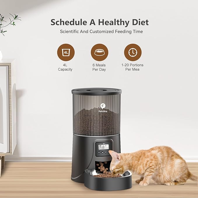 Automatic Cat Feeder: 4L Timed Cat Food Dispenser Programmable 1-6 Meals for Cat and Small Medium Dog- Auto Pet Feeder Easy to Set Up Dual Power Supply with Desiccant Bag| Detachable Washable