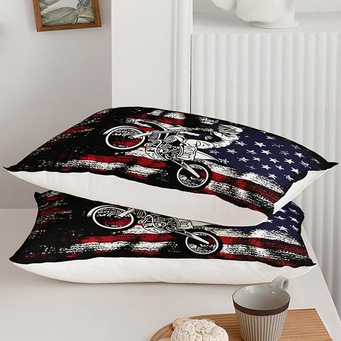 Axolotl Dirt Bike Comforter Set Twin,American Flag Bedding Set,Motocross Comforter Set,White Red Stripes Stars Comforter Set,Motorcycle Racer Comforter for Boys Kids Teens Men,1 Quilt 2 Pillowcases