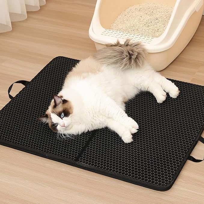 2 Pack Double Layer Cat Litter Mat with Handle, Fodable Kitty Trapping Litter Box Mat, Honeycomb Cat Mats for Litter Floor, Non-Slip Pet Cat Litter Trap Mat Rug Catcher (24" x 15")