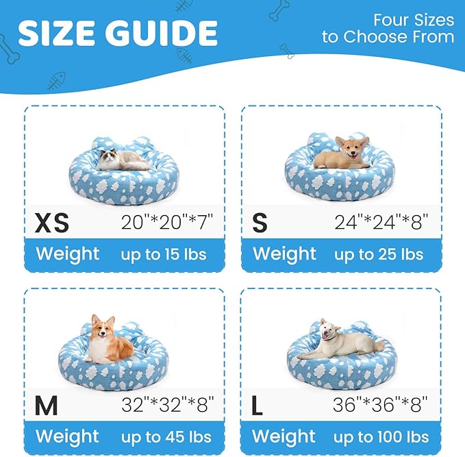 Cat Bed & Dog Bed, Removable Cozy Soft Cat Bed Washable Round Cute Dog Bed with Jacquard for Small Medium Cats and Dogs, Blue Sky L