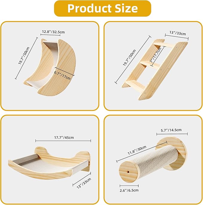 DWVO Cat Wall Shelves and Perches for Wall, Solid Wood Wall Mounted Cat Furniture, Set of 5 Cat Climbing Shelves with Moon Cat House, Cat Bridge Ladder, Cat Hammock and Cat Scratching Post
