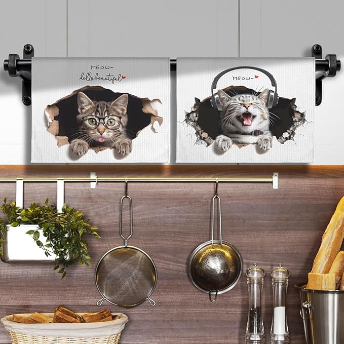 2-Pack Decorative Kitchen Towels Set with Playful Peeking Design-Absorbent&Quick-Drying Dish Towels for Cooking,Bathroom Decor-Funny Cat Lover Gifts for Women,Cute Animal Theme Hand Towels ( Durable)
