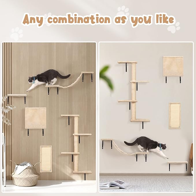 COZIWOW Cat Wall Shelves, Wall-Mounted Cat Climber Set of 5, Floating Cat Perches, Hanging Cat Beds, Modern Cat Furniture for Large Cats or Kitty (Beige)