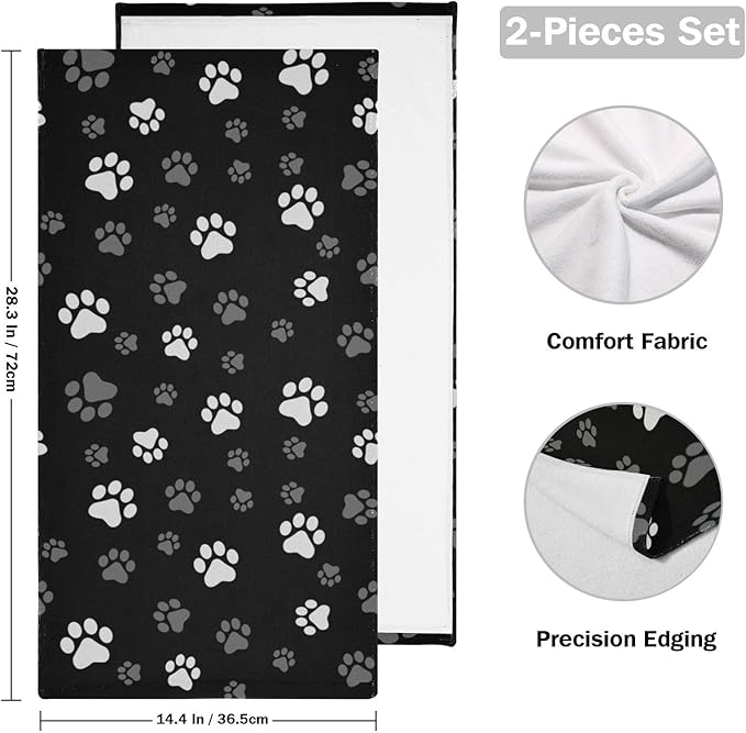 2 Pack Black White Grey Hand Towels for Bathroom,Soft Absorbent Dog Cat Paw Gray Towels for Kitchen,Cute Animal Pet Footprint Decorative Guest Bathroom Towels for Bath,Face,Shower,Gym 14"x28"