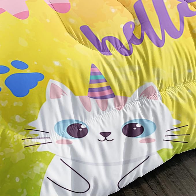 Axolotl Cat Bedding Queen Cartoon Cat Comforter Set,Rainbow Printed Kids Bedding Set for Girls Kids Adults Teens,Kids Comforter Set All Season,1 Quilt 2 Pillow Cases,Colorful Pink Blue