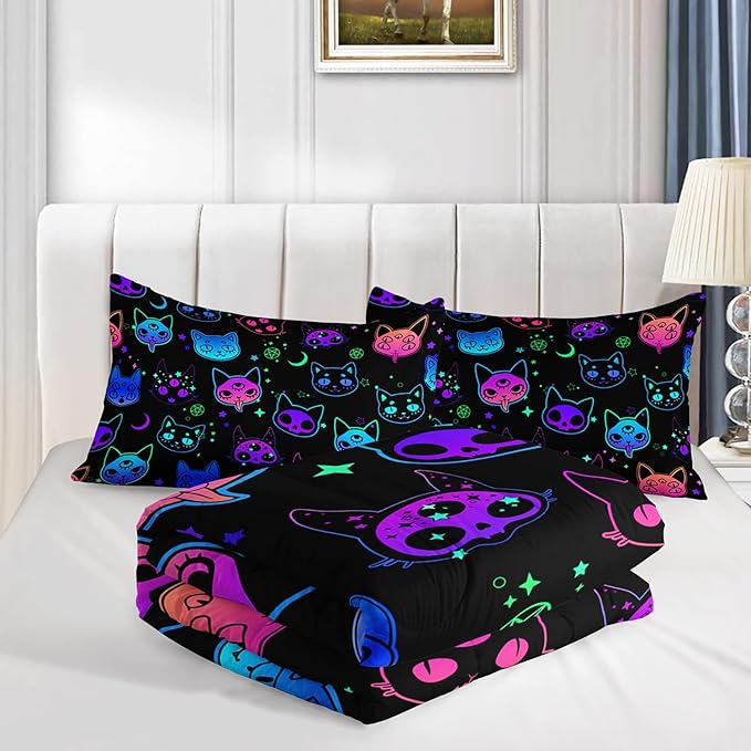 Axolotl Cat Comforter Set Full,Kawaii Trippy Cat Moon Stars Bedding Set with 1 Comforter 2 Pillowcases for Kids Boys Girls Teens Adults Room Decor All Season,Colorful Neon Trippy Bed Set