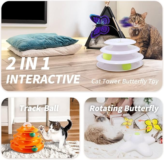 ALL FOR PAWS Interactive Cat Toys Automatic Tower of Butterfly Flutter Bug Cat Enrichment Ball Track Toy Smart Cat Toys with Timer for Indoor Cats