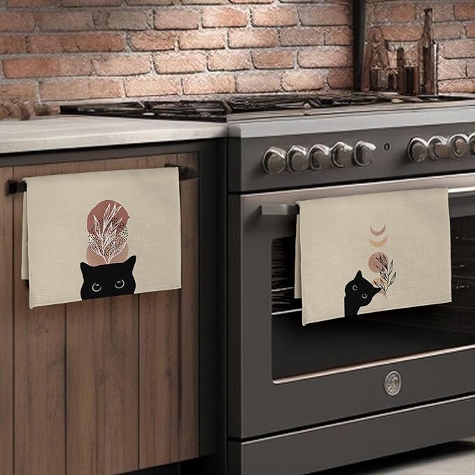 Abstract Boho Botanical Black Cat Kitchen Towels Set of 3, Cat Lover Mom Lady Gifts Decorative Dish Tea Towels, Boho Neutral Mid Century Modern Hand Towels for Bathroom Decor, 16X24In