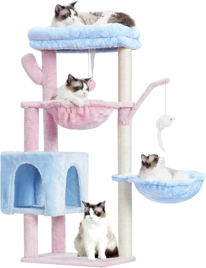 Heybly Cat Tree, 39.4 Inches Tower Condo with Scratching Post, Cat Tower for Indoor Cats, Fully Wrapped Sisal Pole, Soft Platform, 2 Baskets and Dangling Toy, Blue and Pink HCT006SBP