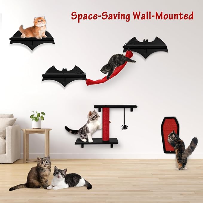 Gothic Cat Wall Shelves 4pcs Wall-Mounted Cat Climber Set Cat Tree Cat Bed with Bridge Ladder Wall Steps Scratching Board Posts Hanging Spider Toy Cat Condo Halloween Cat Wall Furniture for Cats
