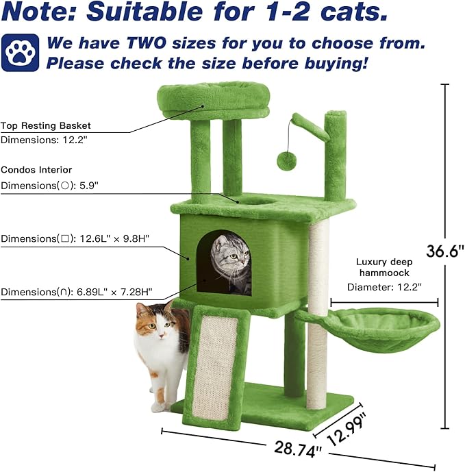 36.6" Medium Cat Tree House for Indoor Cats Soft Plush Multi-Level Cat Condo House with Hammock, Scratching Post, Green
