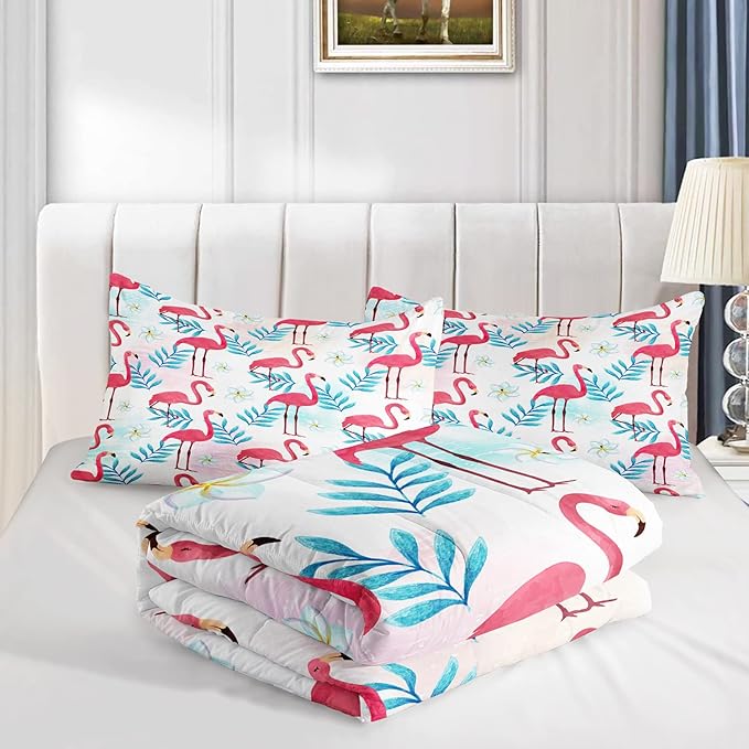 AILONEN Flamingo Comforter Set for Girls Kids, Tropical Flamingo Pattern Bedding Set Twin Size,Superior Quilt Ultra Soft,3 Piece 1 Comforter and 2 Pillowcases,Microfiber Fabric