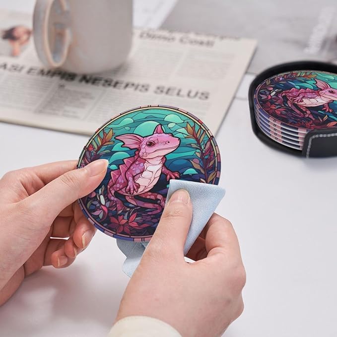 Axolotl Drink Coaster Set of 6, Axolotl Decor Gifts, Leather Drink Coasters with Holder, 6 Pack Cup/Bar/Drink Coasters for Table/Drinks/Coffee Protection Housewarming Gift (Axolotl)