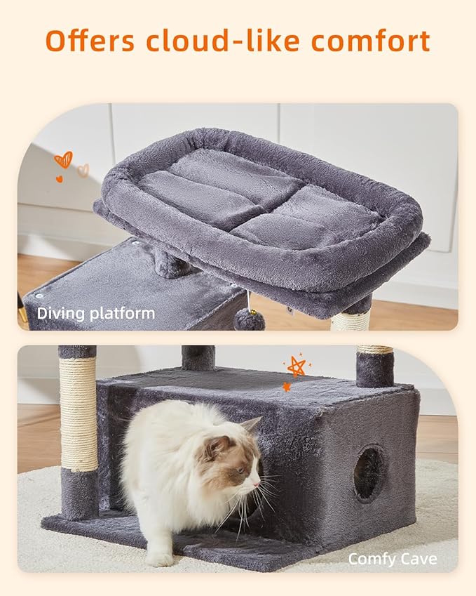 Taoqimiao Cat Tree,37.8-Inch Cat Tower for Indoor Cats,2 Luxurious cat condo with Adjustable Large Hanging Baskets and Large Luxurious Perch Smoky Gray MS029G