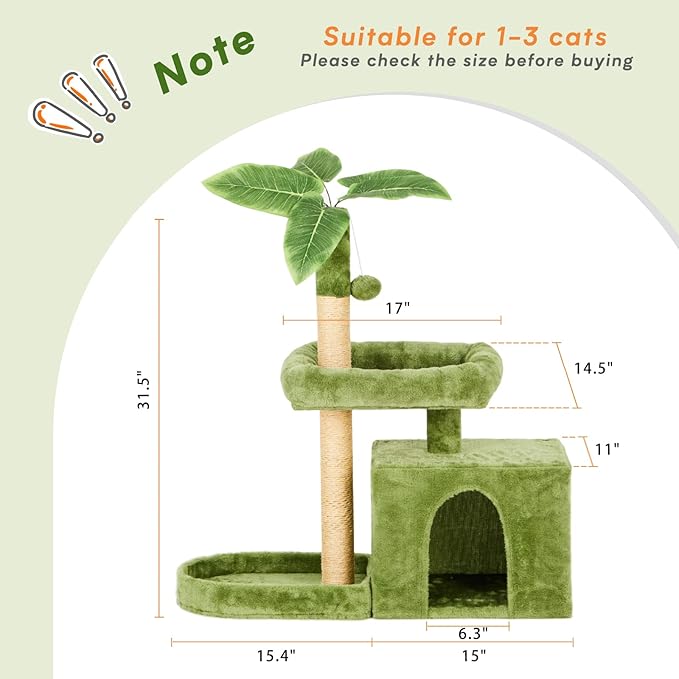 31.5" Cat Tree/Tower for Indoor Cats with Green Leaves, Cat Condo Cozy Plush Cat House with Hang Ball and Leaf Shape Design, Cat Furniture Pet House with Cat Scratching Posts, Green