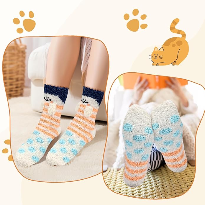 3-6 Pairs Womens Fuzzy Socks Cozy Fluffy Slipper Socks Cute Soft Cat Animal Winter Warm Sleep Socks Gifts