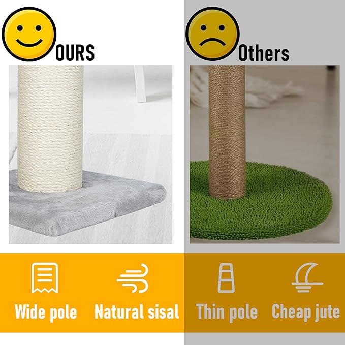 Dimaka Large Heavy Cat Scratching Post for Cats with 6" Wide Elevated Top Stand, Cat Tree Scratcher, 4.5" Dia. Big Sisal Rope Pole with 3 Teasing Balls, Extra Heavy Thick Stable Base (Grey)